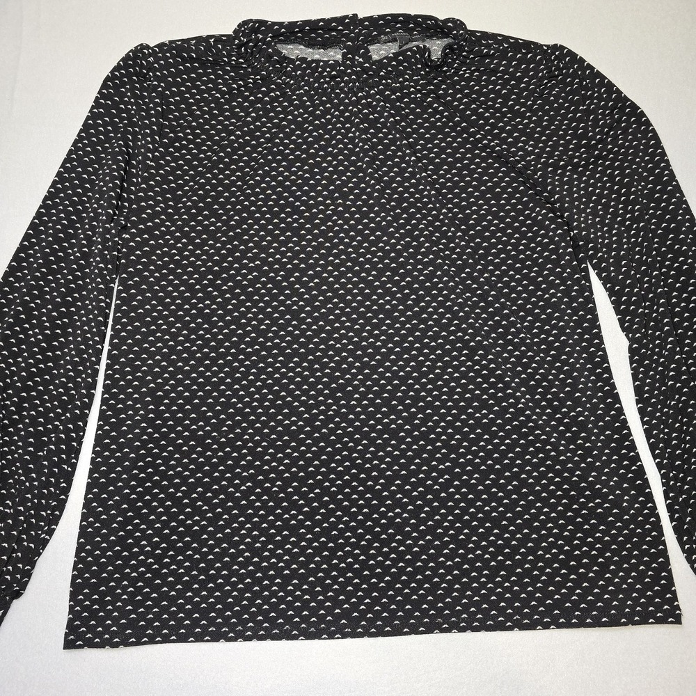 Women's Adrianna Papell Black White Polka Dot Ruffle Neck‎ Long Sleeve Blouse L